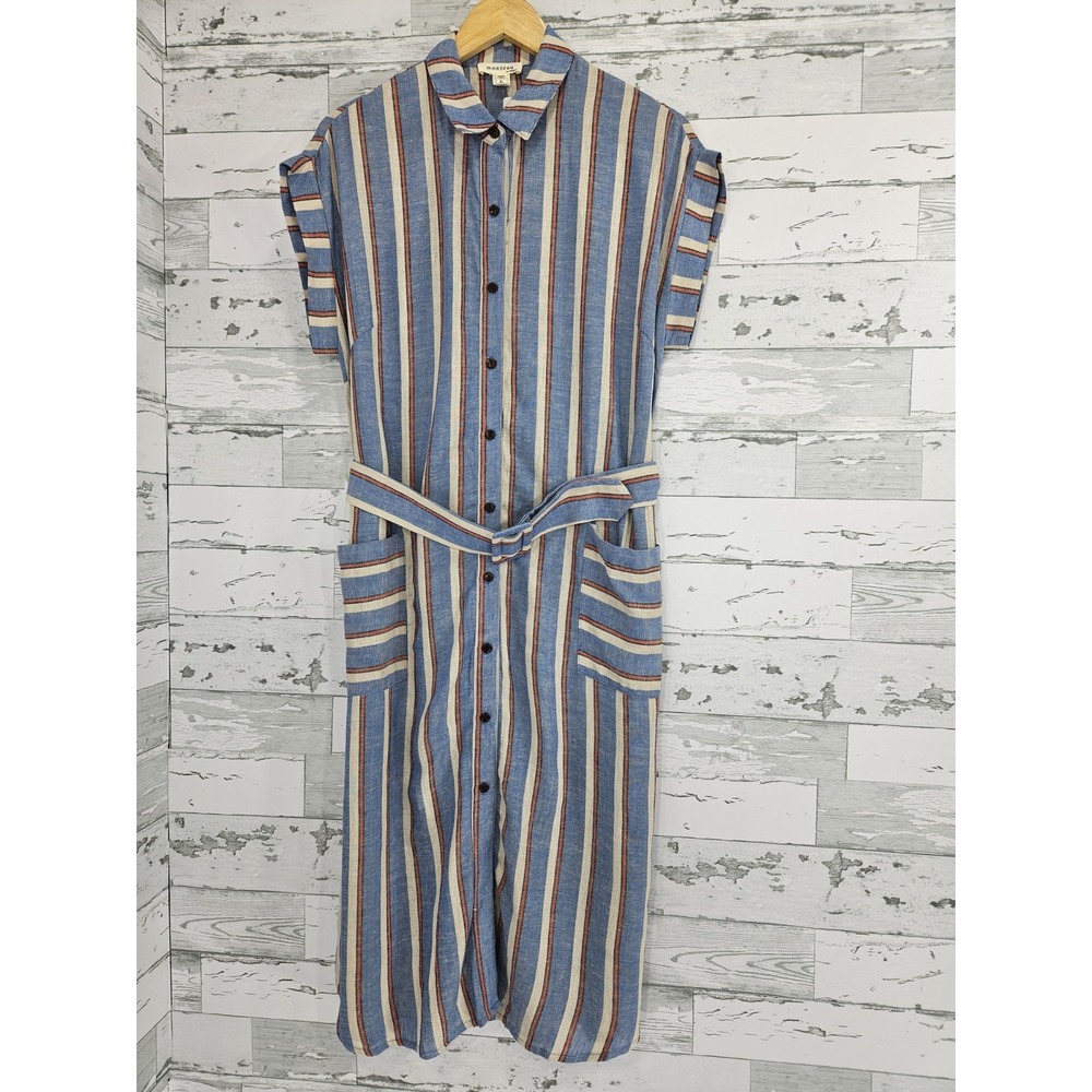 Monteau Linen Blend Striped‎ Belted Shirt Dress Blue Cream Women Large